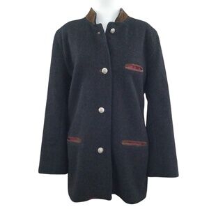 J. Peterman Women's Vintage Black Lined Leather Trim Wool Coat‎ Size Small